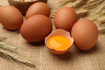 Fresh eggs and spikes on burlap cloth, closeup