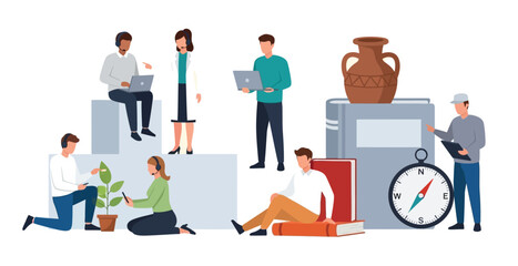 Vector art of people are depicted with books, laptops, and educational objects representing learning and knowledge