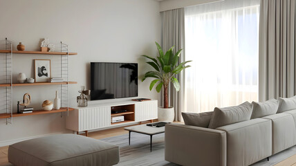 A bright living room with a comfortable sofa and modern shelving