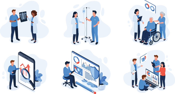 Vector art of an isometric illustration showcases healthcare professionals providing medical care, utilizing digital technology for analysis, and ensuring patient wellbeing in a hospital setting