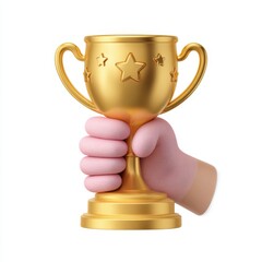 Cartoon hand holding a golden trophy with stars isolated on white background