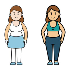 Fat woman stands facing thin woman, both in casual clothes, showing body differences, confidence, and acceptance in a simple, clear scene on a white background.
