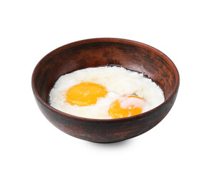 Half-boiled eggs in bowl isolated on white. Traditional asian breakfast