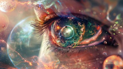 High-resolution, ultra-detailed illustrations of an extreme close-up of a dreamy eye, surrounded by a spinning planet. 