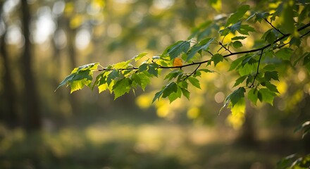 Serene Spring Branch: Soft Sunlight Illuminates Vibrant Green Leaves in a Blurred Forest Background