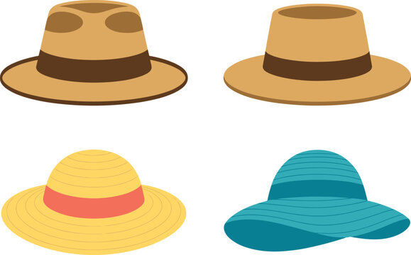 Vector illustration set of man and woman hats. Stylish male and female headwear. Elegant panama and straw hat. Cool and modern fashion theme for digital resources