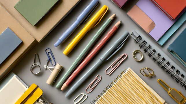 An overhead shot of colorful stationery items including pens notebooks and paperclips on a gray surface