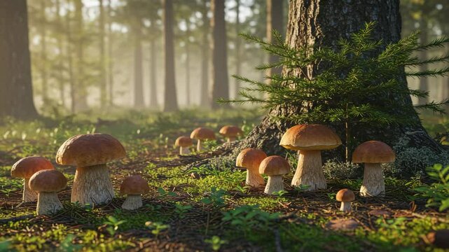 Group of porcini mushrooms growing at sunrise in lush forest. Natural woodland scene with boletus in wild habitat. Early morning light creates serene atmosphere among trees and forest floor plants