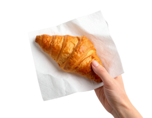 Hands Holding a Partially Eaten Croissant with Napkin on Transparent Background