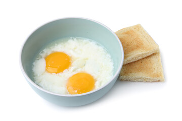 Half-boiled eggs in bowl and toasts isolated on white. Traditional asian breakfast