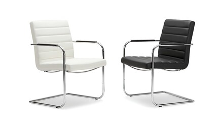 Obraz premium A pair of modern office guest chairs, one in stark white and the other in classic black, are presented side-by-side on a clean white background. 