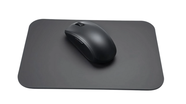 Black computer mouse placed on sleek black mousepad isolated on transparent background