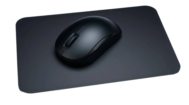 Black computer mouse placed on sleek black mousepad isolated on transparent background - Powered by Adobe