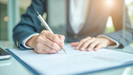 female hands sign a document in close-up