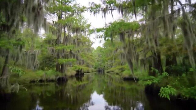 Scenic slow motion boat ride through a tranquil swamp with lush greenery and trees