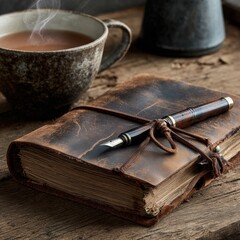 A close-up of a weathered leather journal with rustic charm.