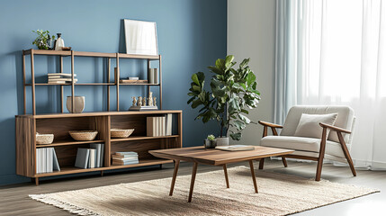  Living Room with Wooden Shelving and a Blue Wall