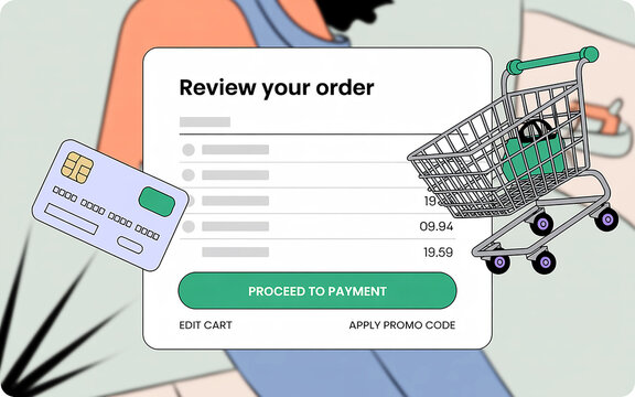 Photo of customer reviews order with credit card and shopping cart