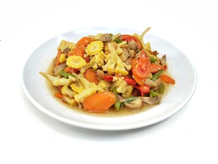 Capcay or Indonesian food made from various vegetables cooked stir-frying. Isolated on white background 