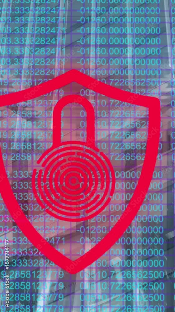 Poster animation of padlock and data processing over cityscape and computer servers