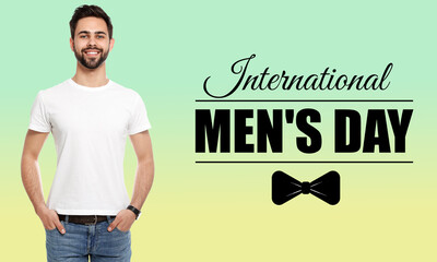 International Men's Day card with bowtie illustration. Happy man on color gradient background
