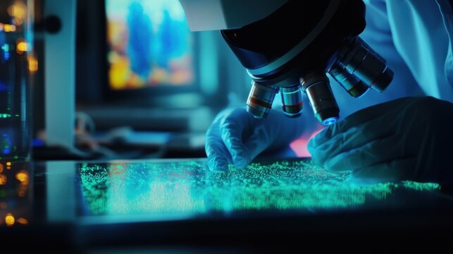 Scientist examines data under microscope