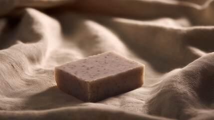 A piece of handmade lavender soap on a beige fabric background. Daily hygiene.