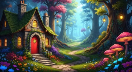 Fototapeta premium Enchanted Forest Cottage with Glowing Mushrooms and Lanterns