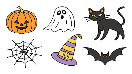 Collection of cute hand drawn halloween icons including pumpkins ghosts cat bat spider web and cauldron