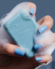 Fototapeta premium Female hand with blue manicure holding a bar of light blue natural soap on a blue background. Daily body hygiene routine.