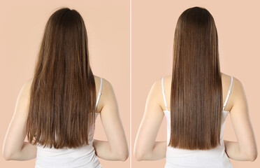 Hair combing, straightening. Woman showing hairstyle before and after different procedures on beige background, back view. Collage of photos