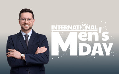 International Men's Day card with male sign. Happy man on grey gradient background