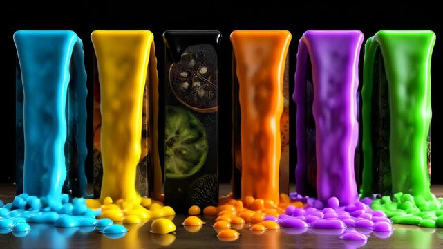 Rows of vertical blocks with multi-colored (blue, yellow, orange, purple, green) melting surfaces, inside which images of fruits, vegetables and abstract patterns are visible