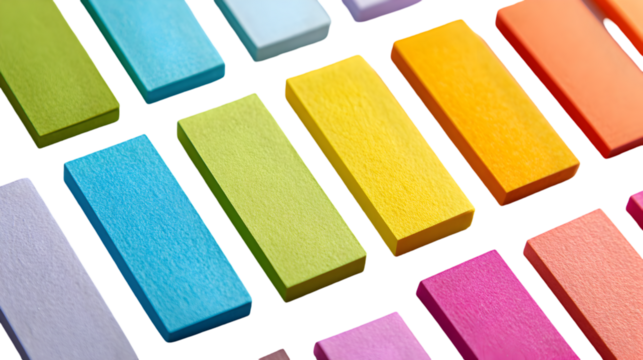 Close up of colorful rectangular sticky notes arranged on a transparent  surface in a pattern formation