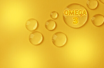 Drops of Omega-3 on yellow gradient background, top view