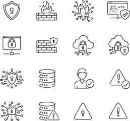 Fototapeta premium Cybersecurity Line Icon Set – Modern Outline Symbols for Data Protection, Privacy, and Firewall