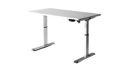 A minimalist white adjustable standing desk isolated on a transparent  background in a studio setting
