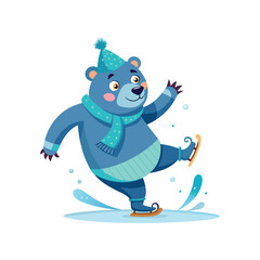 Funny Ice Skating Bear Slipping on Ice Vector Illustration. Comical Winter Animal Character Design with White Background. Cute and Humorous Clip Art.