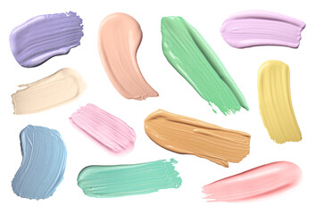 Palette of correctors on white background, set. Different colors of cosmetic product