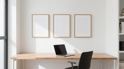 Square blank canvas mockup in a bright entryway interior, hanging above a slim wooden console table with a vase.