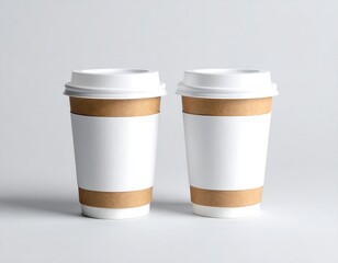 Two blank disposable coffee cups against a gray background