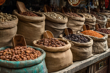 Fototapeta premium Dried Fruits and Nuts in Burlap Sacks at Outdoor Market Display