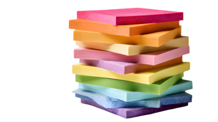 A colorful stack of sticky notes in various shades against a transparent  background creating visual contrast