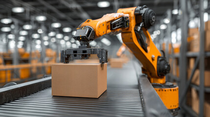 robotic arm lifting brown cardboard box on a conveyor belt in a logistics warehouse