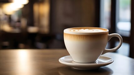 Obraz premium Latte Art Heart in Ceramic Cup on Wooden Table with Blurred Background