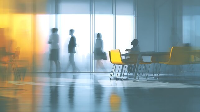Blurred office scene with people walking by windows and yellow chairs in the foreground area space