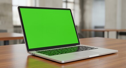 Fototapeta premium Silver Laptop with Green Screen on Wooden Desk in Modern Office Setting