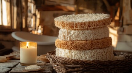 Natural Luffa Sponges Stacked in Rustic Setting with Candlelight