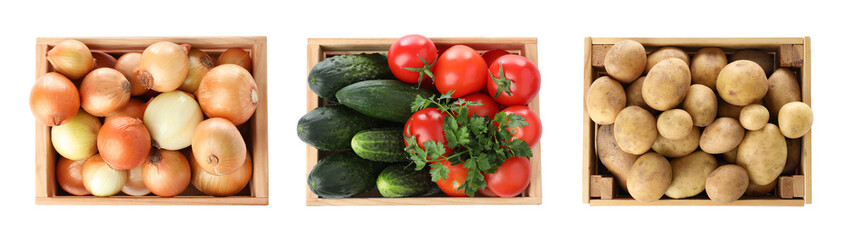 Different fresh vegetables in wooden crates on white background, set. Top view