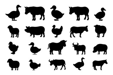 Collection of farm animals silhouette isolated on white background